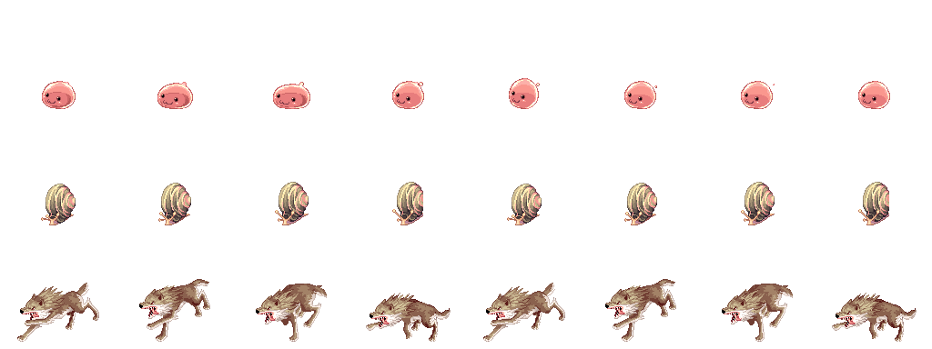 Extracted Poring, shell creature and wolf movement frames